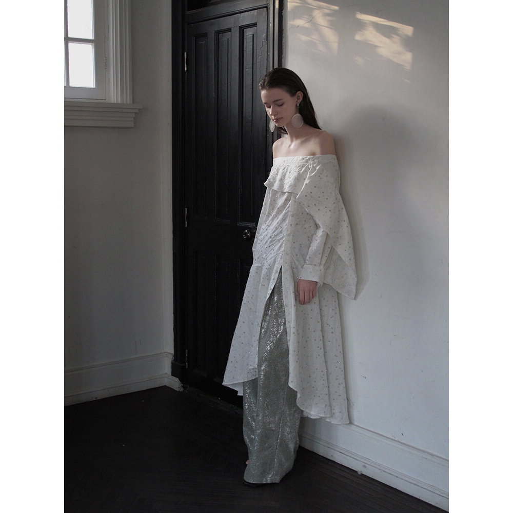 CARIEDO立体星星钉珠 一字肩荷叶边衬衫连衣裙/烫银阔腿裤