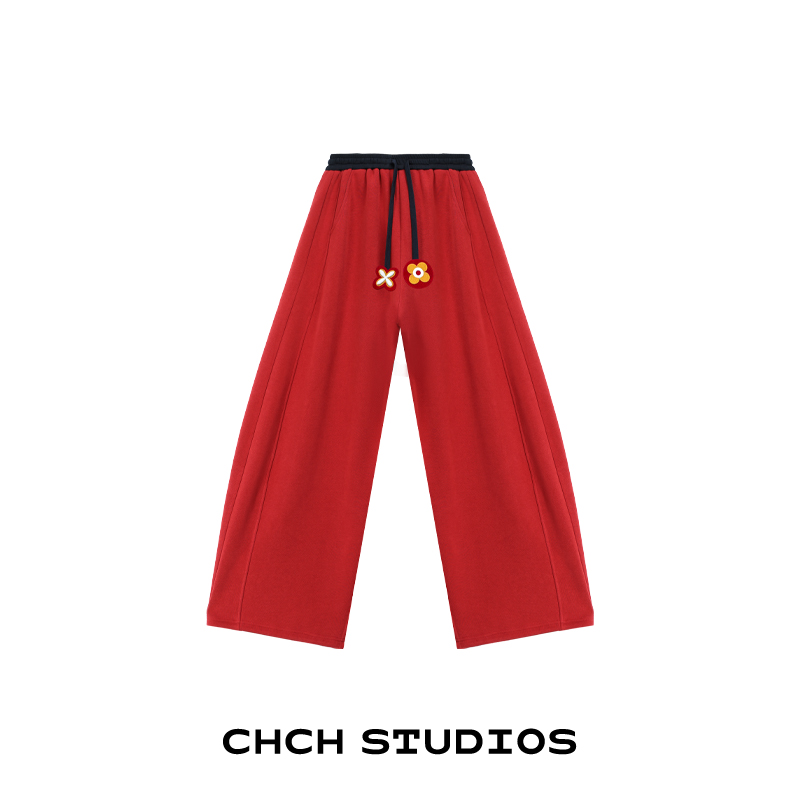 RACK103703秋冬新款抽绳休闲直筒阔腿裤女拼接撞色弯刀加绒厚卫裤