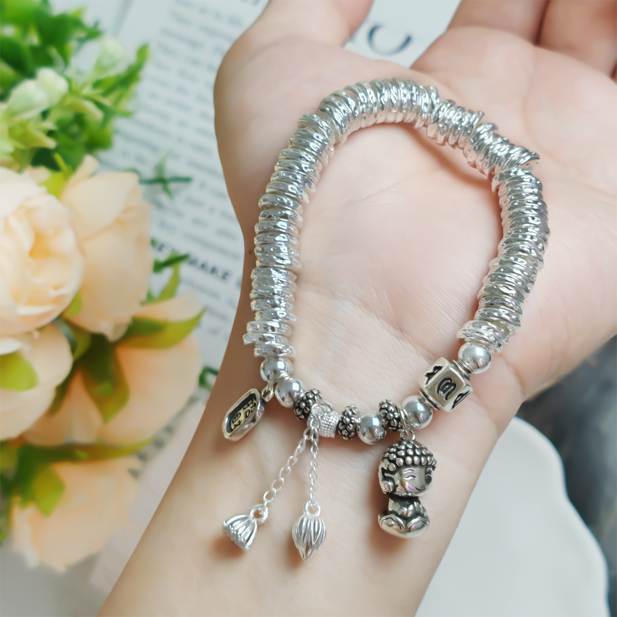 999.9银宝宝佛六字真言吉言牌流苏盘缠手串