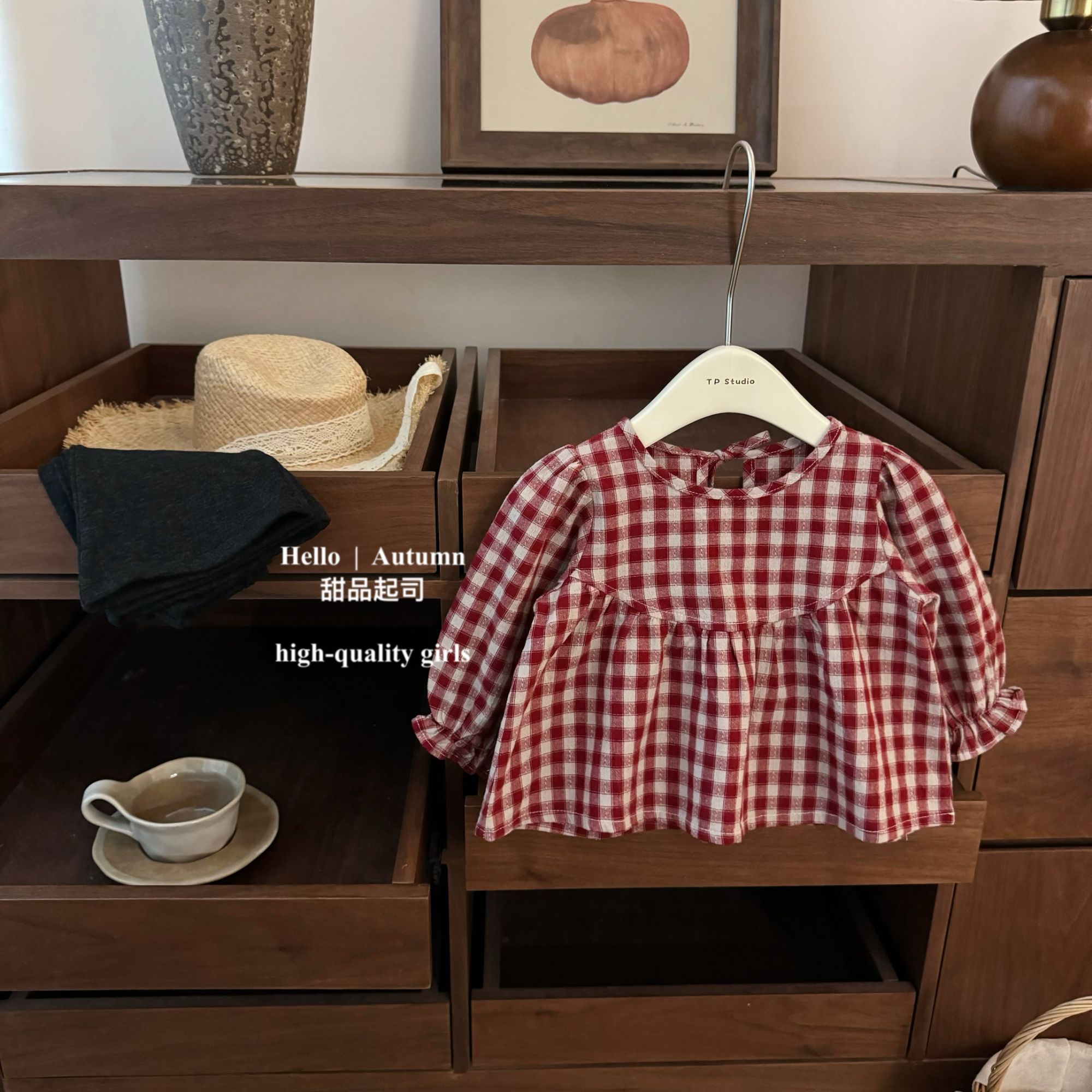 【甜品起司】原创！韩系女宝宝荷叶娃娃衫格子裙摆上衣微喇裤套装潮