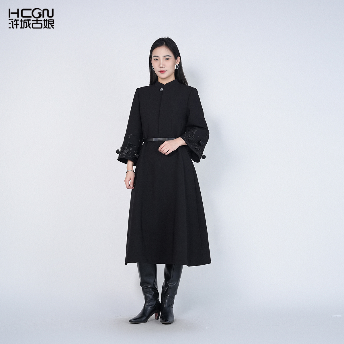 中国风立体花黑色立领长袖女气质减龄显瘦黑月光连衣裙HASS010053