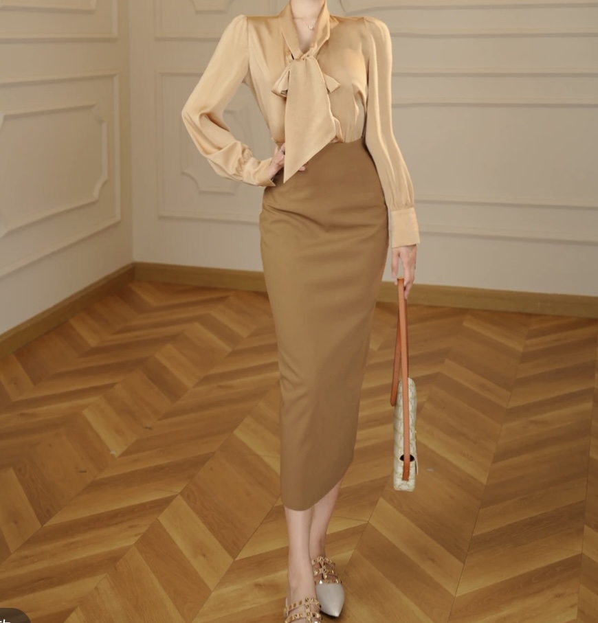 咖色【两件套】飘带上衣收腰半身裙两件套装