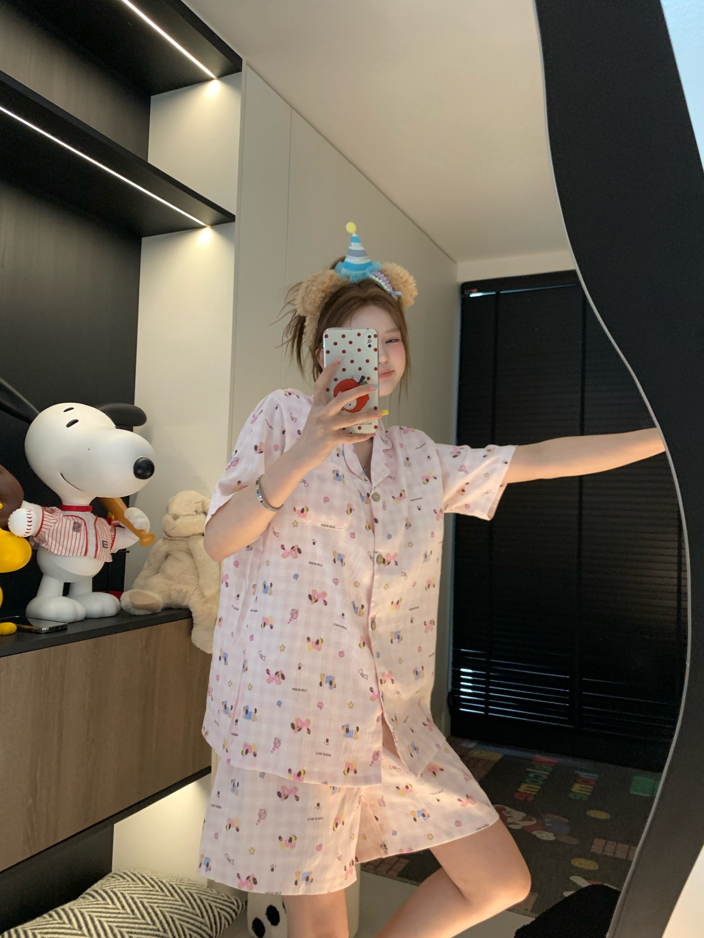 韩版ins少女甜美可爱卡通狗狗印花睡衣女夏季新款短袖短裤家居服