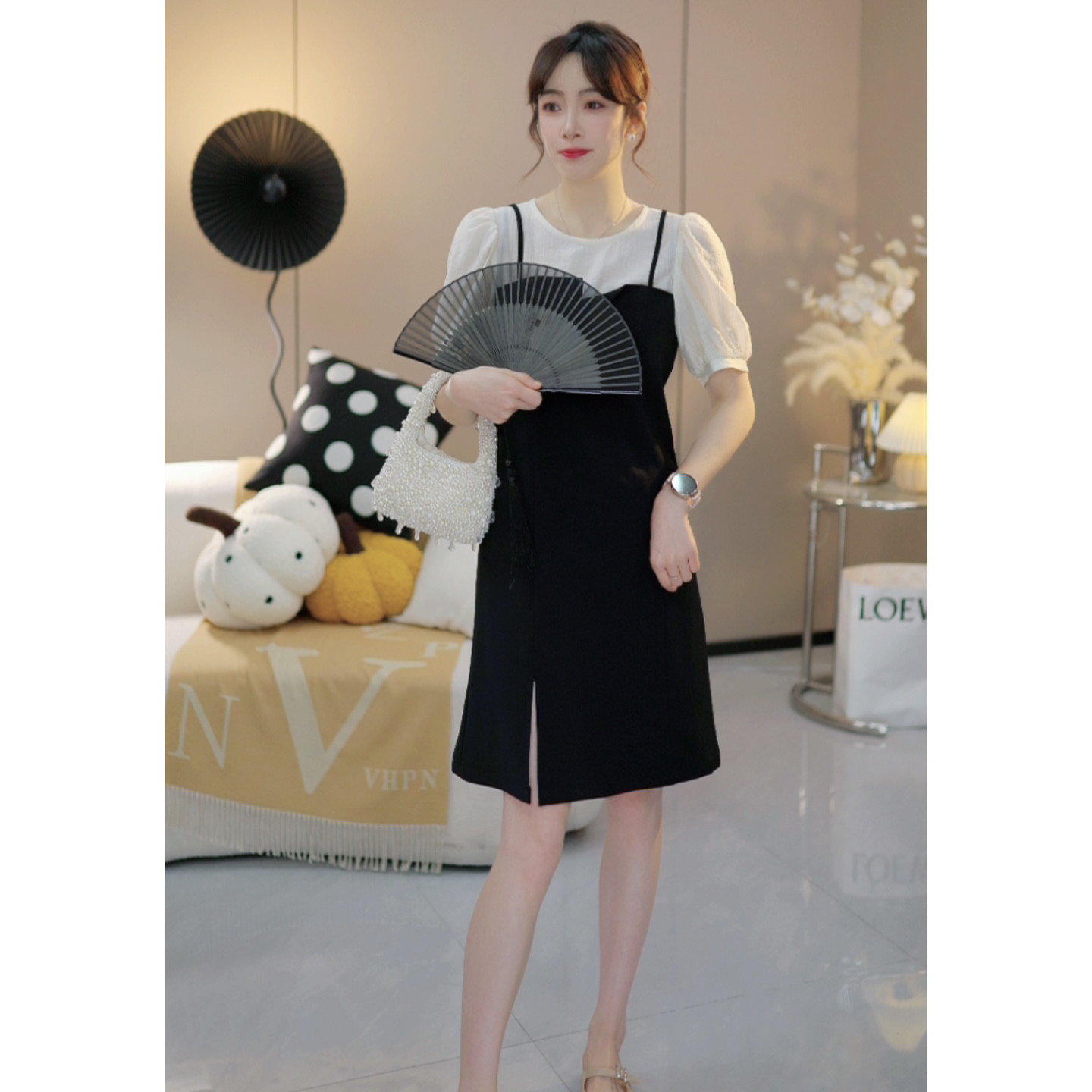 【半分】新款夏季新款设计感显瘦中长裙撞色拼接连衣裙X122