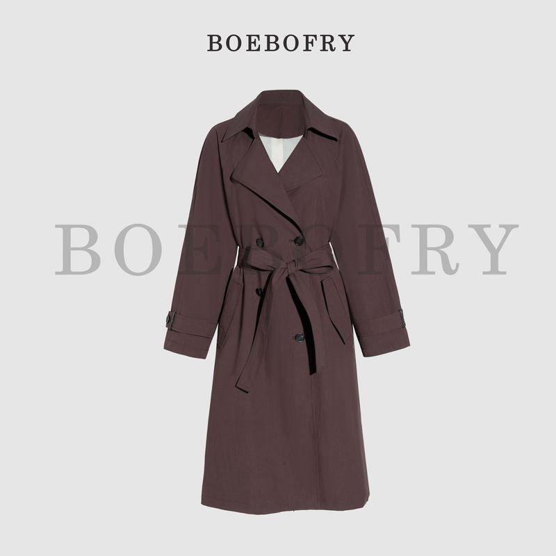 BOEBOFRY<乌木丛林>棉法式复古简约系带收腰中长风衣外套BE3F0970