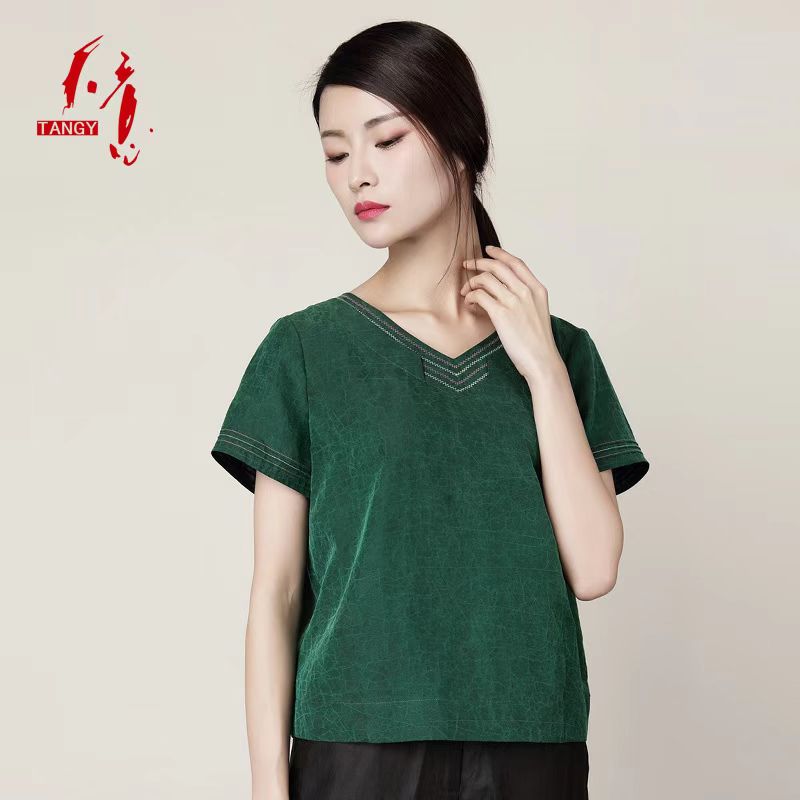 TANGY/天意夏季新品设计师原创桑蚕丝国潮风莨绸短袖T恤W162081F
