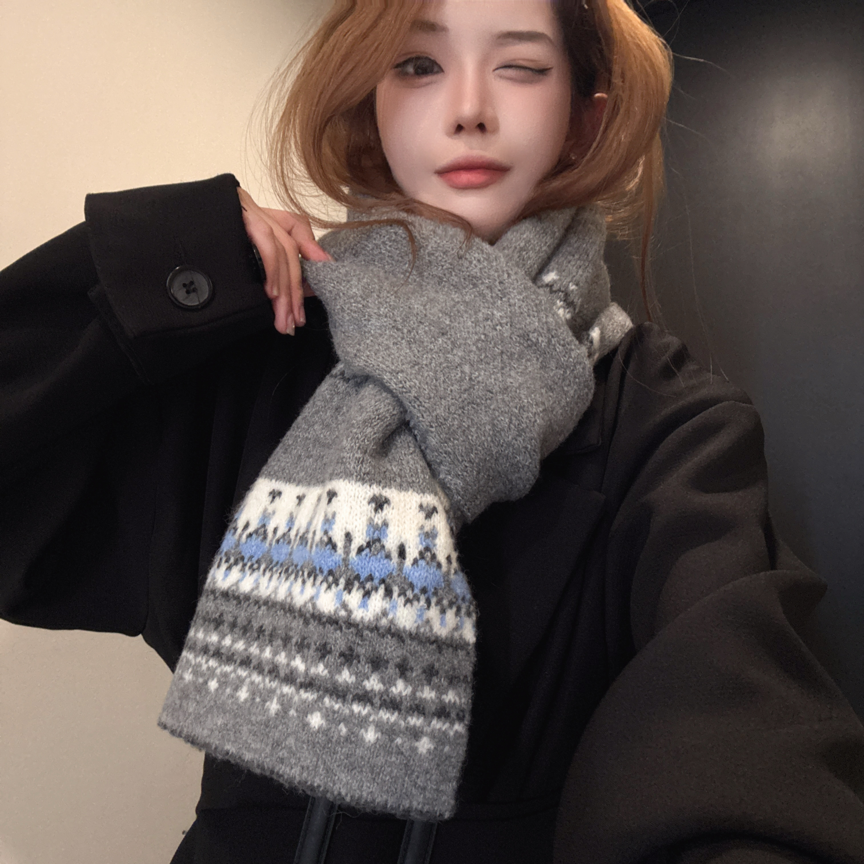费尔岛风羊毛混纺提花针织围巾女冬季新款氛围感复古保暖护颈围脖