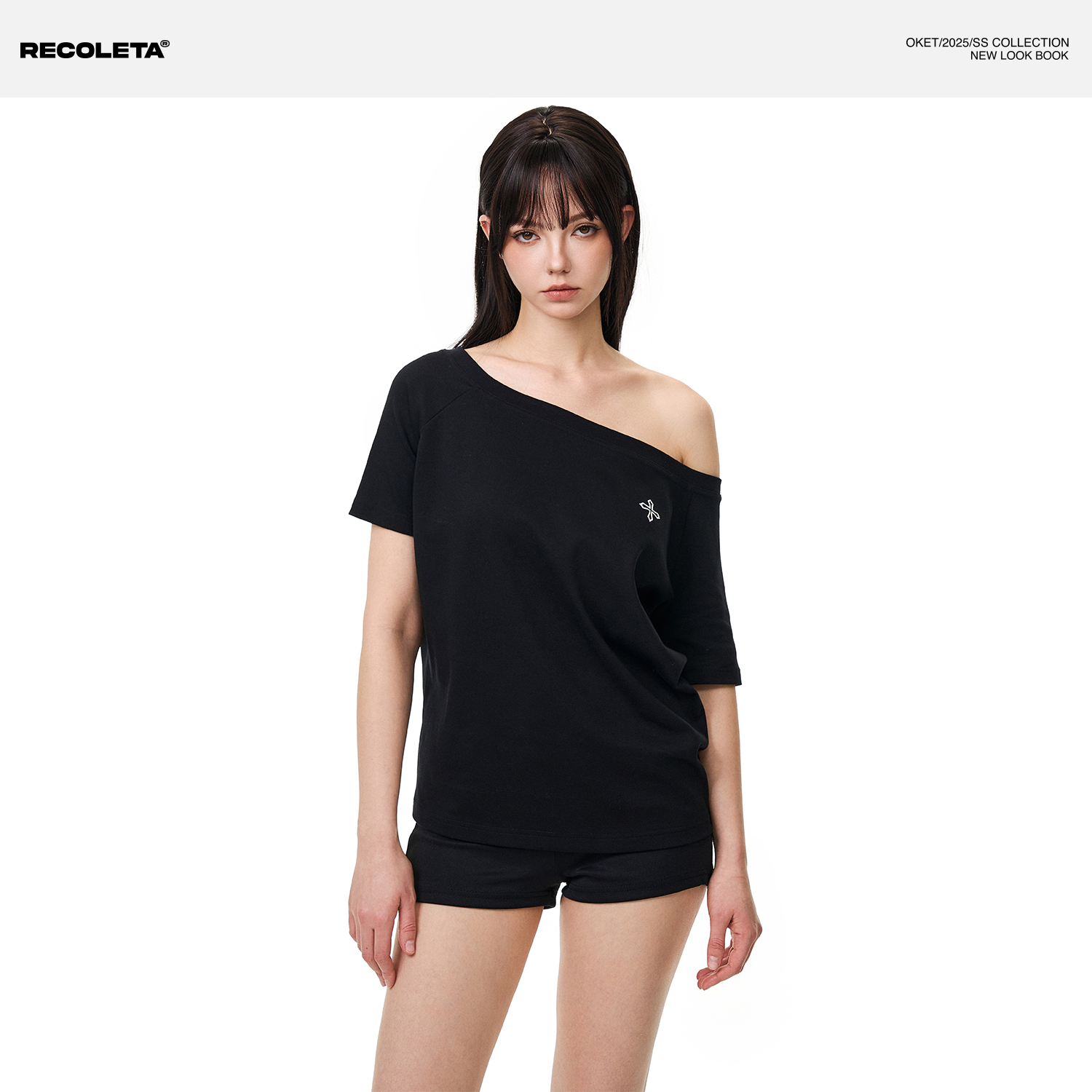 RECOLETA美式复古辣妹设计感斜领露肩短袖t恤女一字肩修身上衣夏