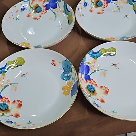 瓷片珐琅彩荷塘8寸4个深盘6666666