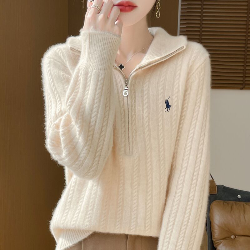 设计感满满~100%纯羊毛衫半拉链半高领时尚减龄厚款气质针织衫女