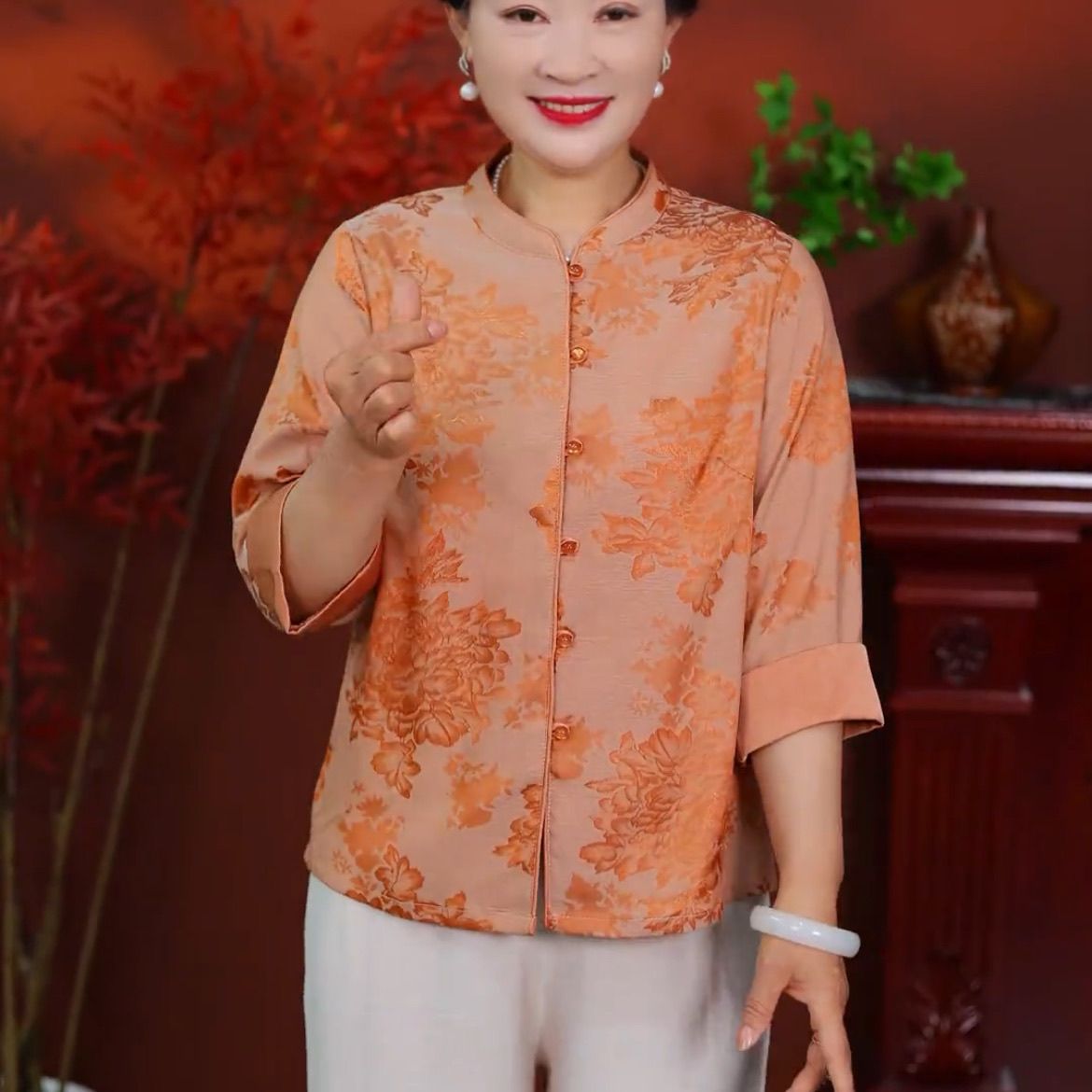 中老年女装七分袖衬衫妈妈装印花春夏季开衫上衣新中式国风时尚