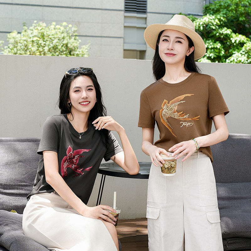 谭飞【见喜T恤】夏季新款圆领喜鹊亮片绣花全棉印花上衣女士