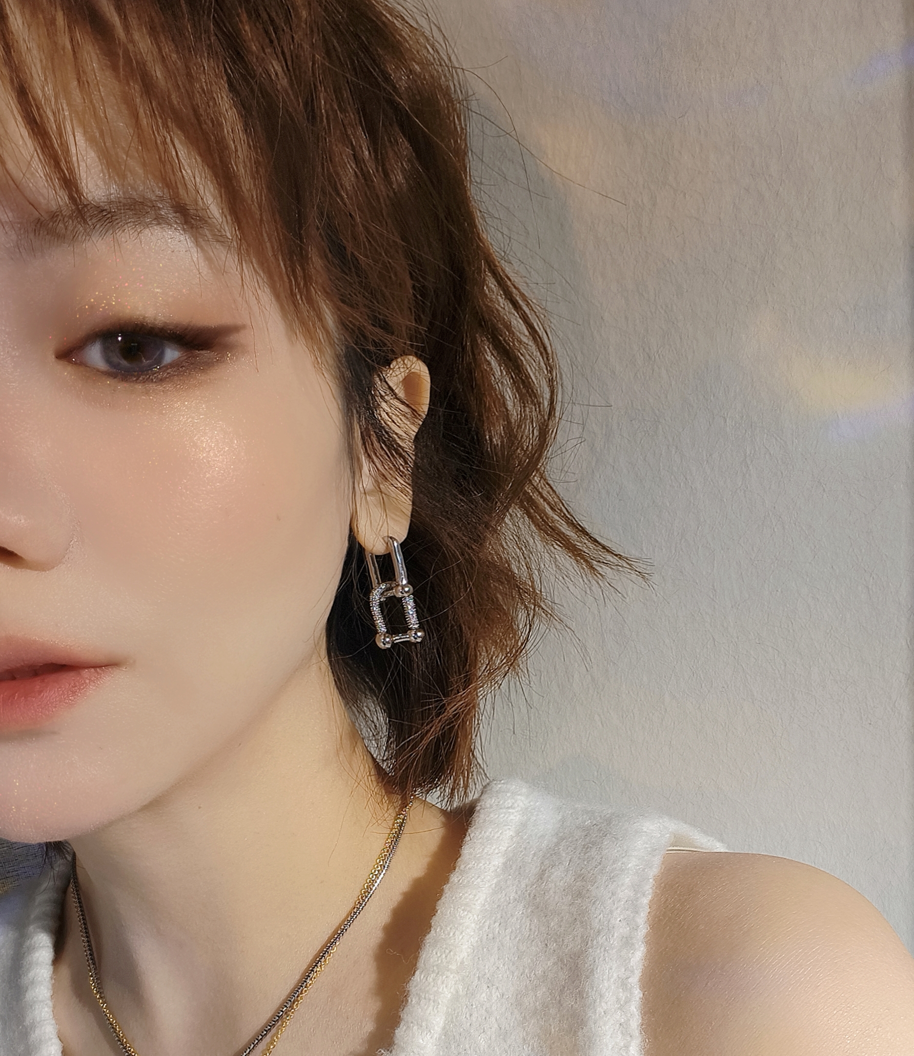 铜合金锆石耳饰 【69】S925银针老派菌钛钢微镶锆石耳饰双环耳坠