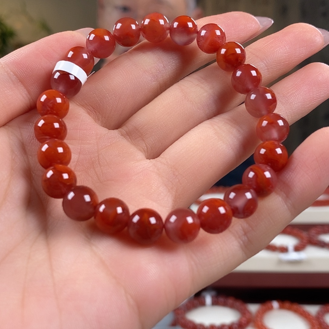 南红玛瑙未镶嵌手串原矿8mm 牛血红瓦西火焰纹