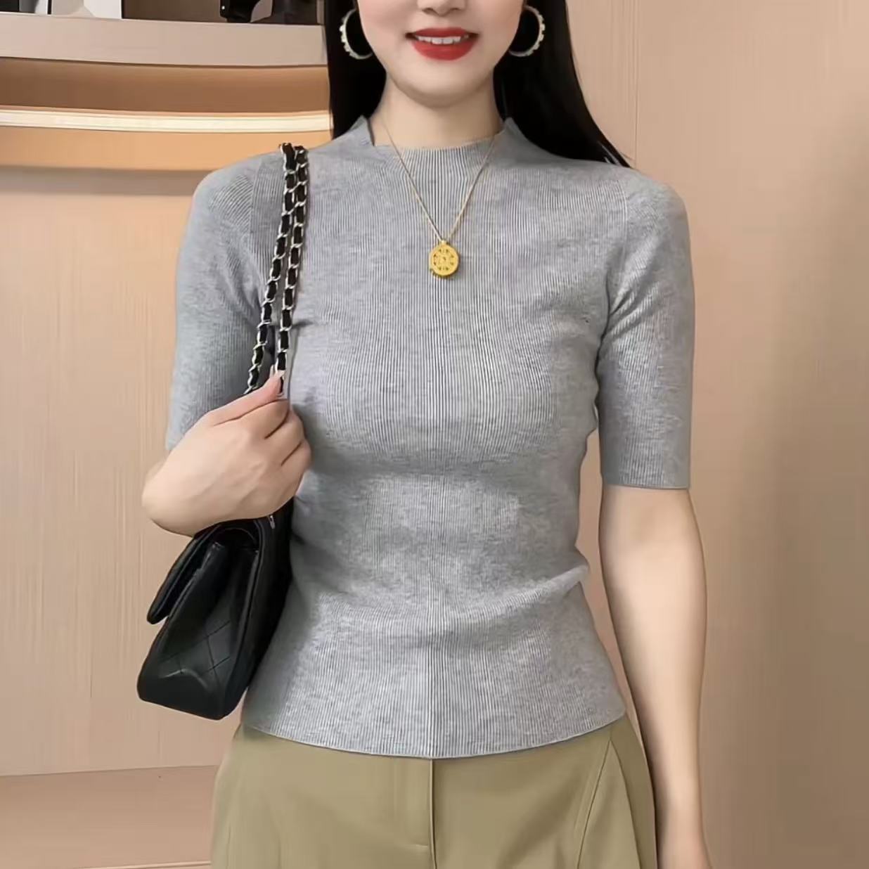 柔软羊绒中袖针织衫女半高领五分半袖打底衫内搭修身上衣