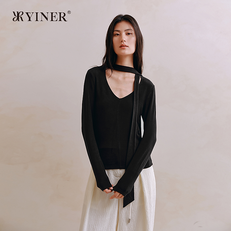 音儿绵羊毛打底衫女士秋新款挂脖飘带设计感保暖上衣8J35327210