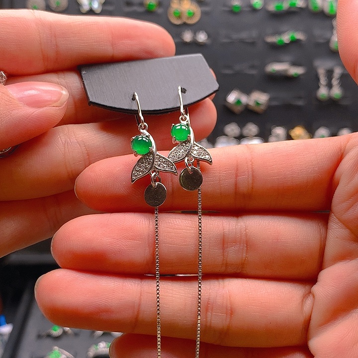 翡翠戒指银S925镶嵌耳钉