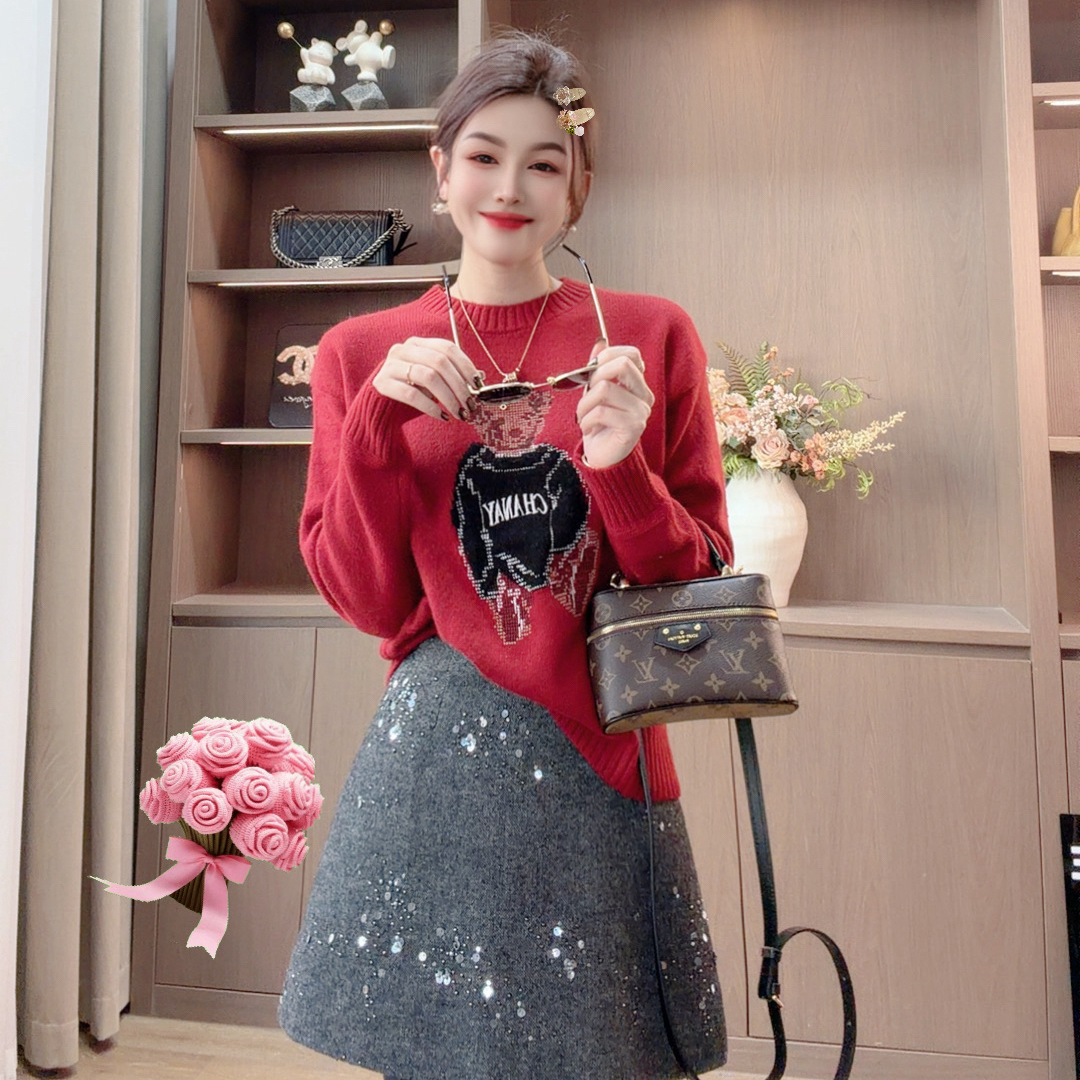 容容定制 卡通刺绣圆领套头针织衫女冬季时尚宽松百搭毛衣潮1125