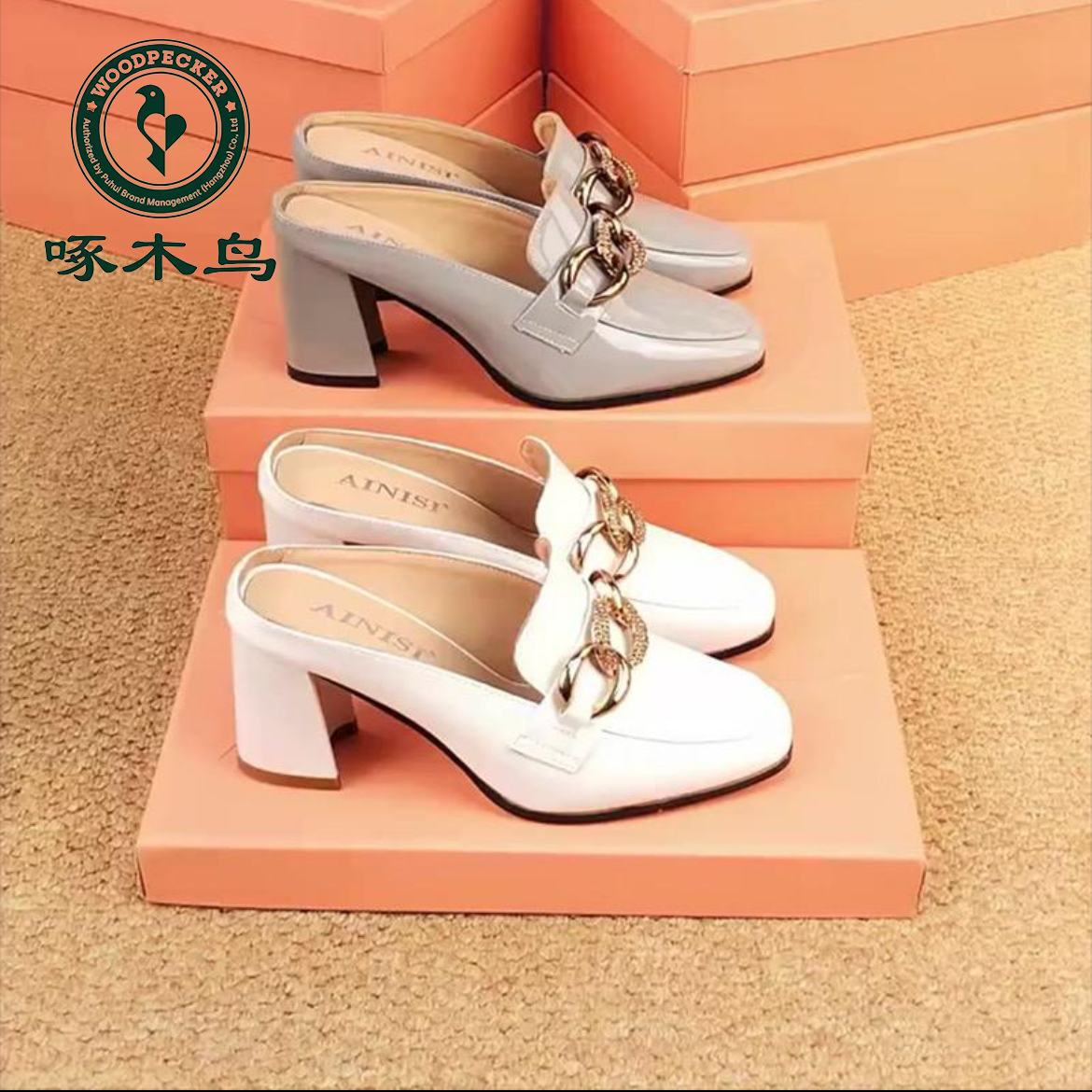 啄木鸟新品2025年新款时尚中跟凉拖鞋女夏外穿单鞋真皮包头半拖K7