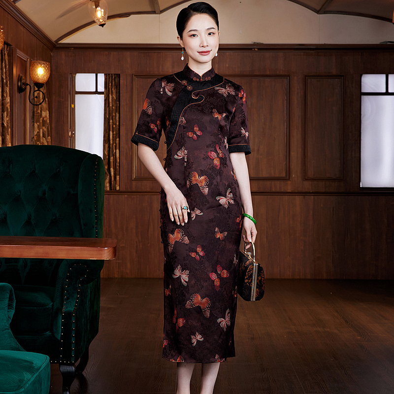 【玺玥孤品】提花紫色复古下架日常显瘦气质走秀旗袍W24258