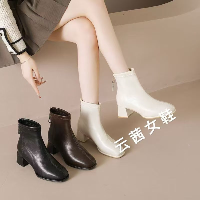 新款5厘米时装靴2025年秋冬季软皮时尚潮流通勤方头粗跟女短靴子