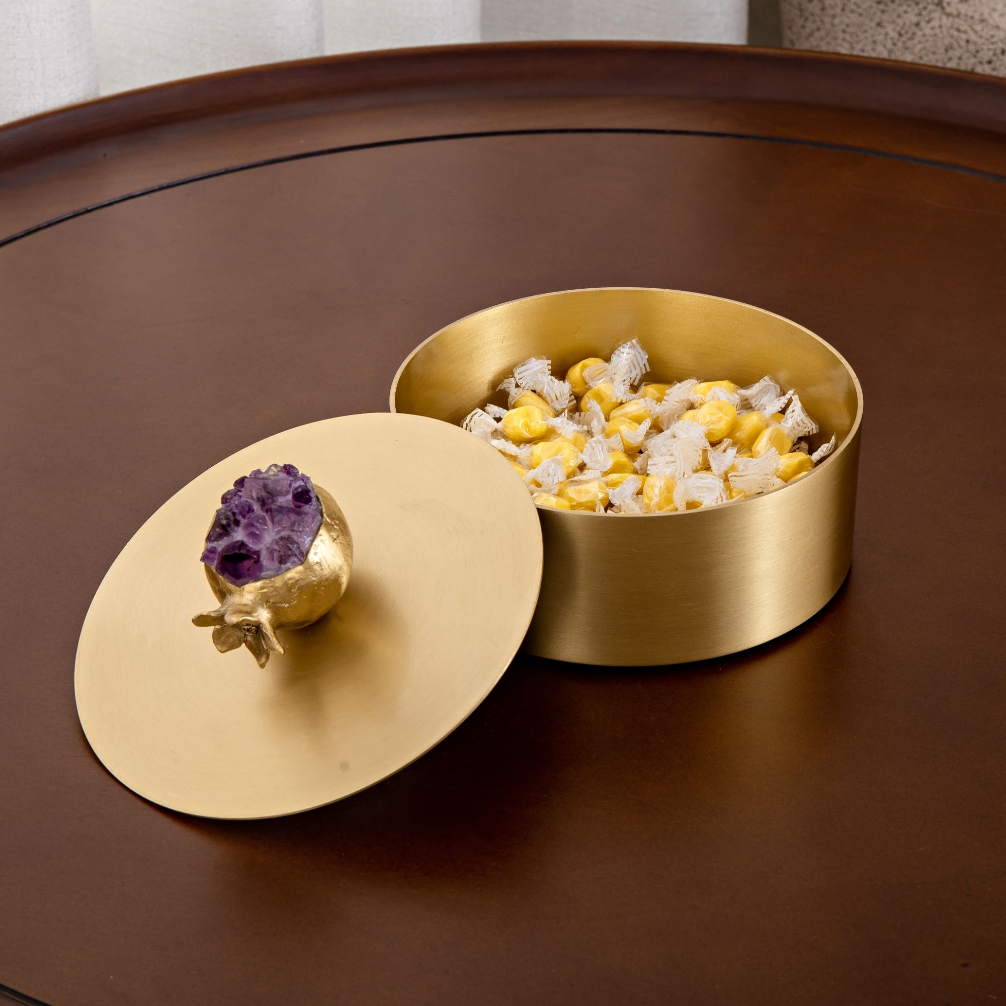 464B紫水晶黄铜石榴盖盒零食收纳盒客厅茶几糖果盒摆件小