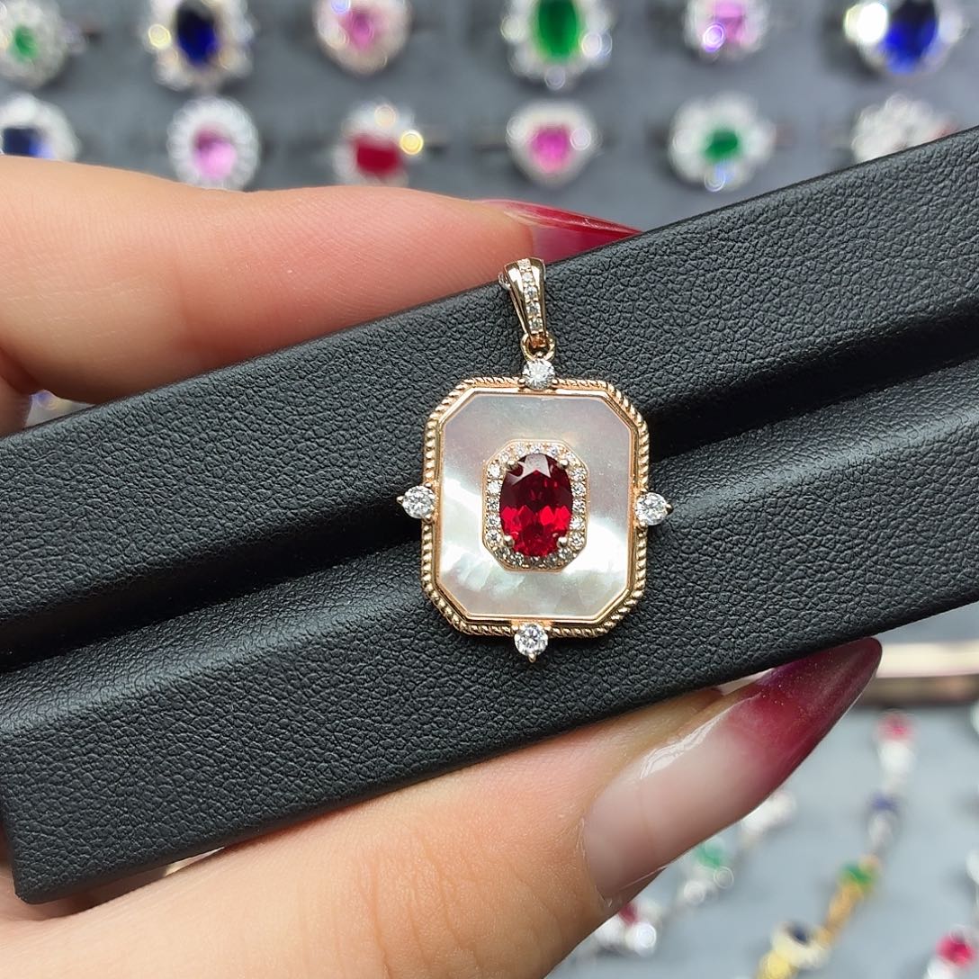 吊坠925银培育鸽血红色宝石