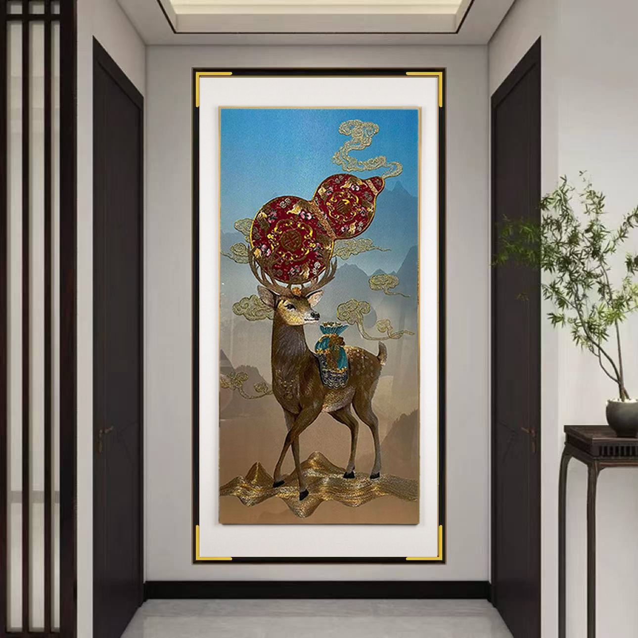 新中式苏州刺绣织锦绣百福金鹿高端双框入户玄关客厅背景装饰画