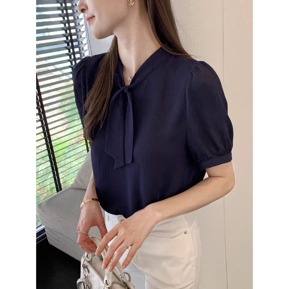 法式复古高级感纯色飘带领蝴蝶结短袖衬衫女夏季款肌理感防晒衬衣