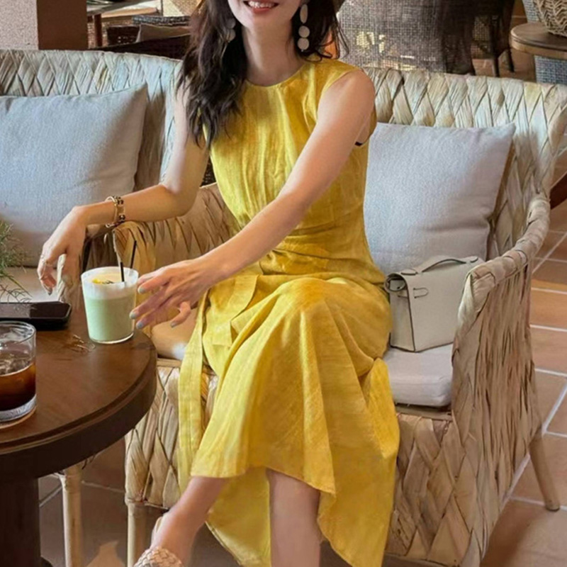 天丝亚麻系带长款斜裁连衣裙女新款时尚气质显瘦高腰无袖背心长裙
