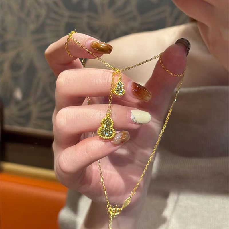 铜合金项链 新中式轻奢碎冰冰双葫芦项链古法气质时尚百搭精致锁