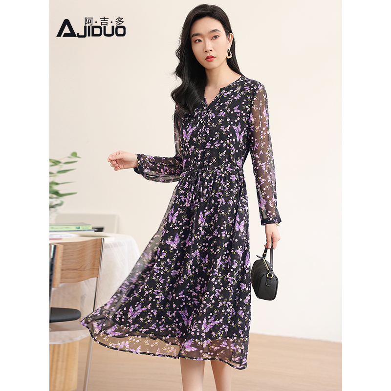 阿吉多A20923长袖法式连衣裙女系带收腰显瘦轻奢高级感碎花裙子