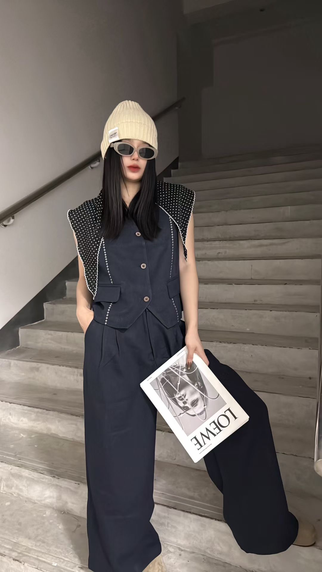 韩系时尚波点丝巾无袖马甲女+窄高腰西装裤时尚气质无袖套装