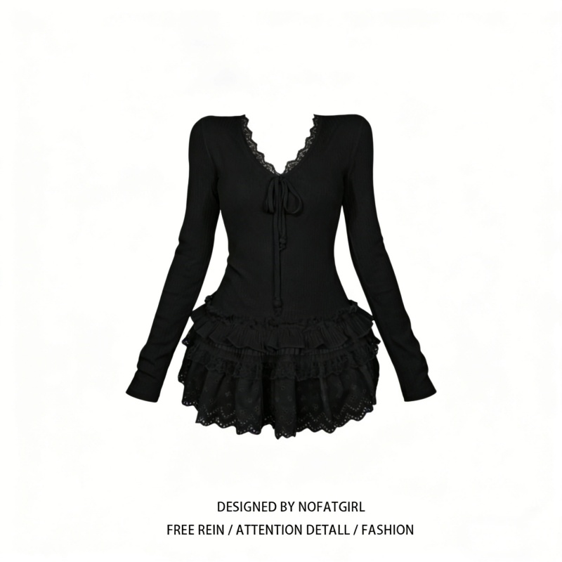 大码胖MM白色V领蕾丝蝴蝶结长袖打底衫女秋冬甜美高级感内搭上衣