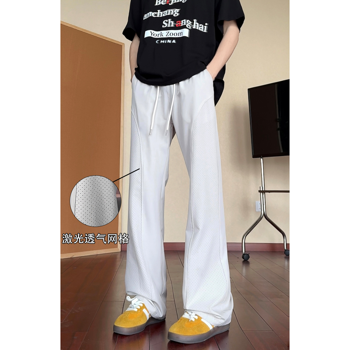 夏季打孔透气冰感速干裤男女弯刀裁剪休闲裤直筒微喇裤子男潮流