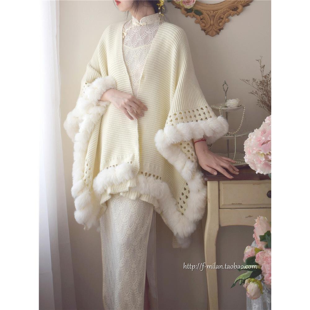秋冬旗袍披肩外搭斗篷毛毛针织厚款长款大尺寸纯色新中式国风复古
