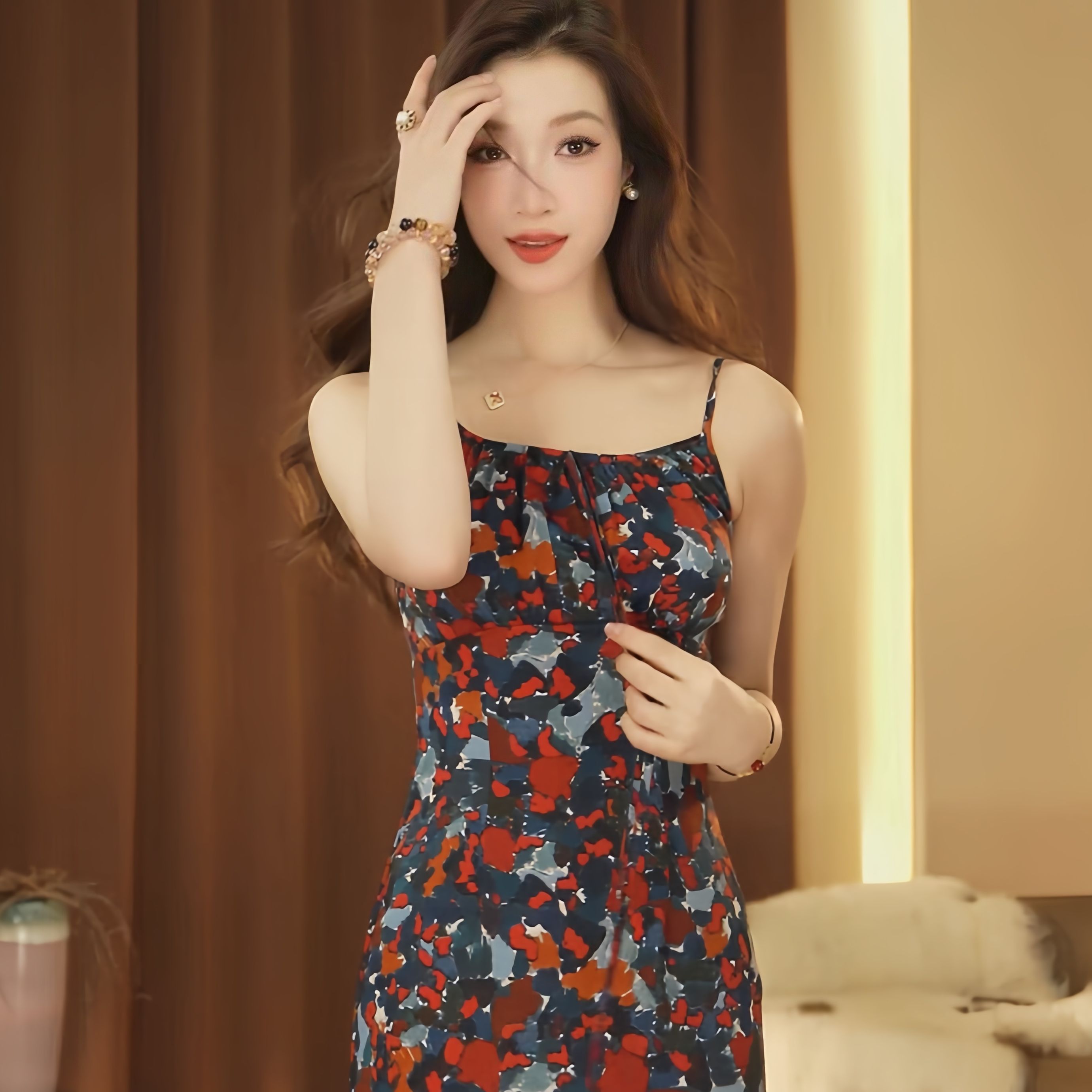 【潇潇】油画碎片春季新款法式高级显瘦吊带直筒连衣裙-YL11268