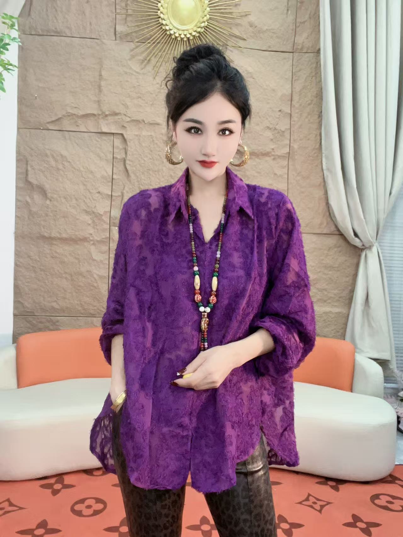 658（安言服饰)拼接宽松长袖防晒夏季POLO领衬衫纯色女性通勤法式