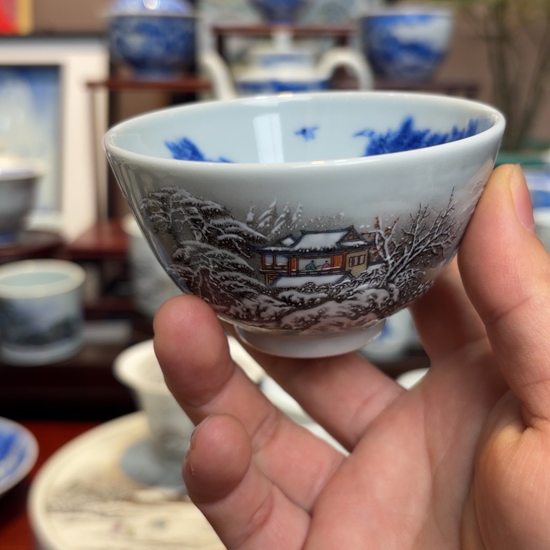 军***哥粉彩雪景手工手绘