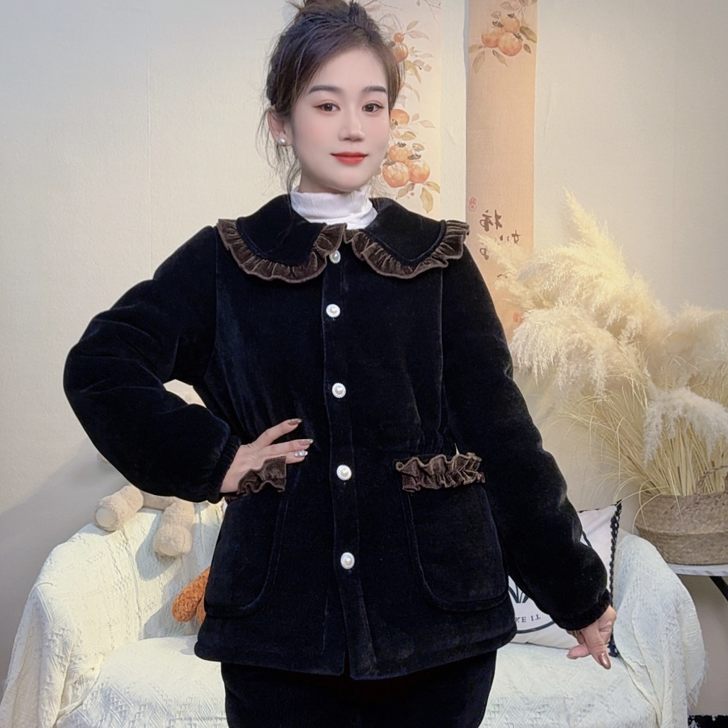 2025新款冬季外穿休闲咖色娃娃领花边套装睡衣家居服保暖套装