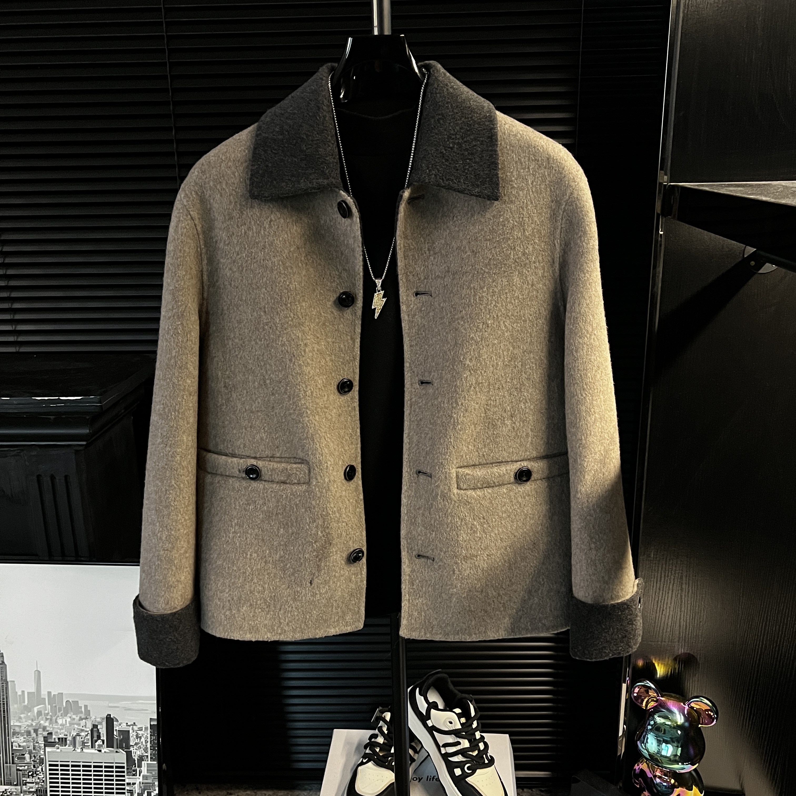 【运费补贴】港澳2025秋冬季复古毛呢短款夹克撞色翻领休闲外套男