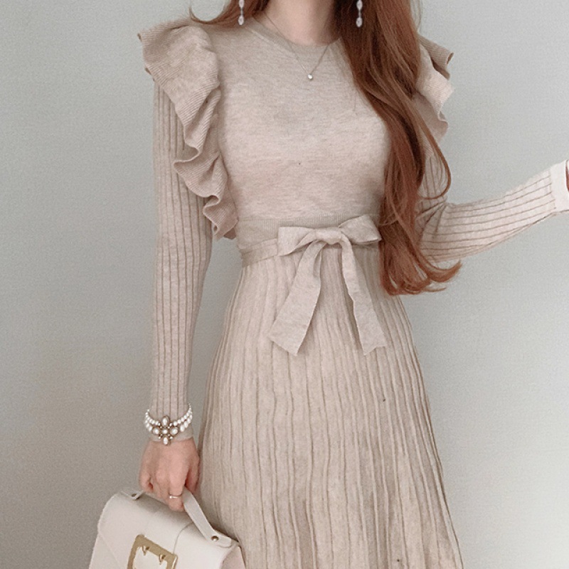 韩系风chic秋冬法式圆领拼接荷叶边系带蝴蝶结针织百褶连衣裙女优