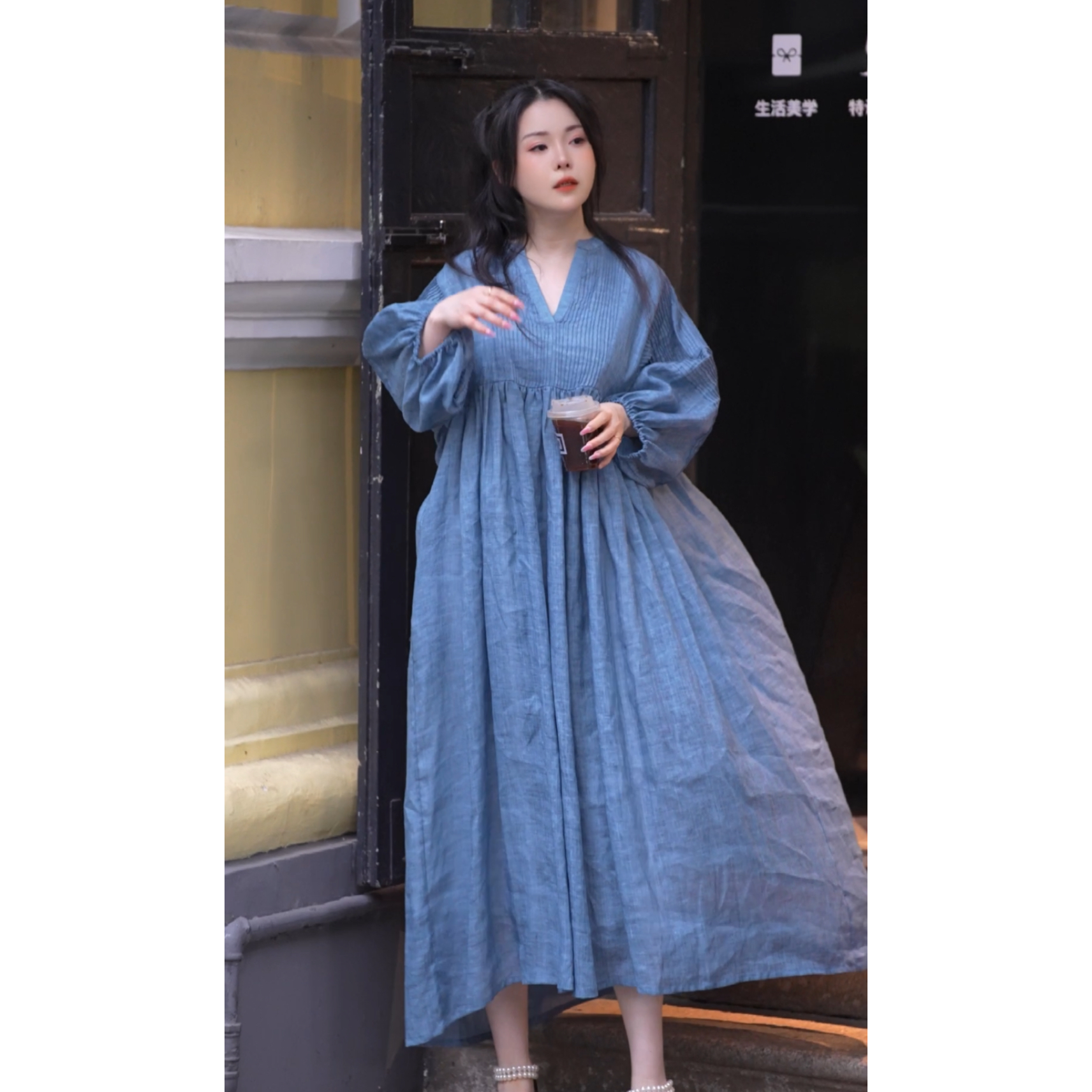 漾.裙转月微芒 偷染倩香藏2025夏季层次砂洗苎麻100法式连衣裙