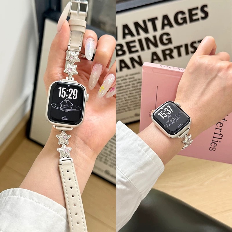 适用苹果S10/9手表的星星锆石拼皮表带女生款华为fit3/4小米9/8