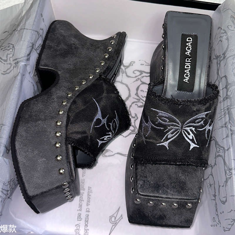 高定版拖鞋女2025夏季新款千禧辣妹厚底鞋复古百搭增高刺绣高跟凉