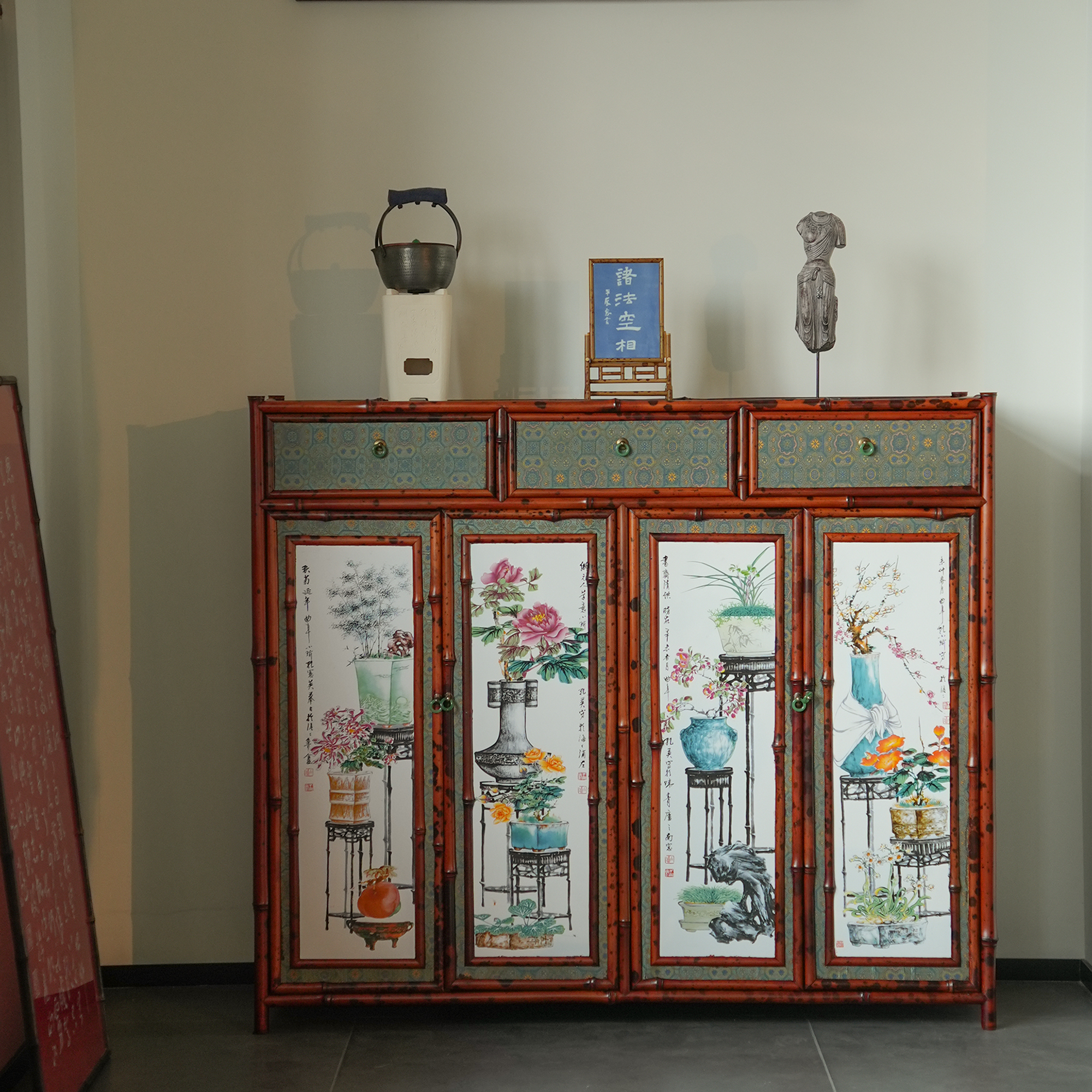 黑湘妃竹茶柜 茶室储物边柜餐边柜 茶具收纳茶水柜