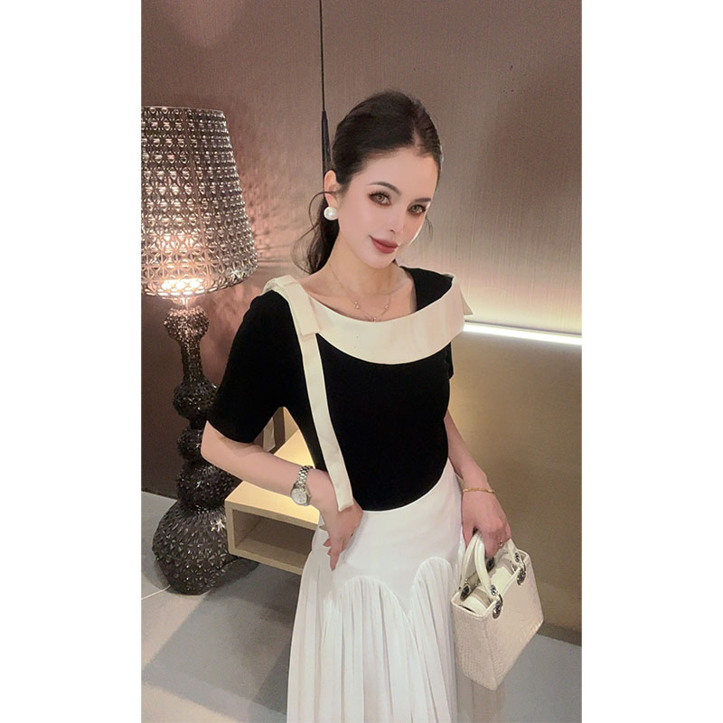 黑白撞色蝴蝶结绑带上衣SY30580