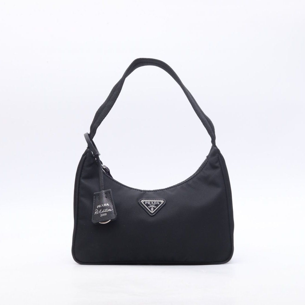 99新 Prada/普拉达 小花黑黑Hobo 腋下包 黑色 尼龙 银扣 