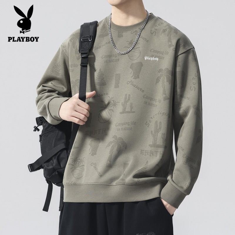 花花公子新款刺绣圆领卫衣百搭潮牌长袖潮流秋冬季宽松休闲男上衣