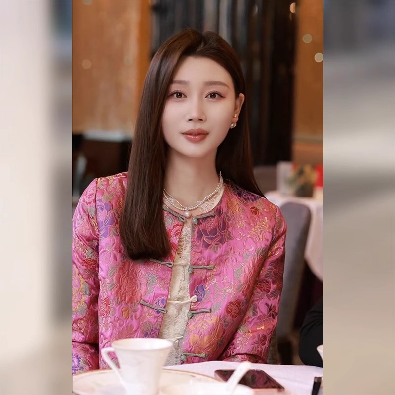 印花上衣新中式女装粉色宋锦外套2025春秋小个子短款唐装国风高端